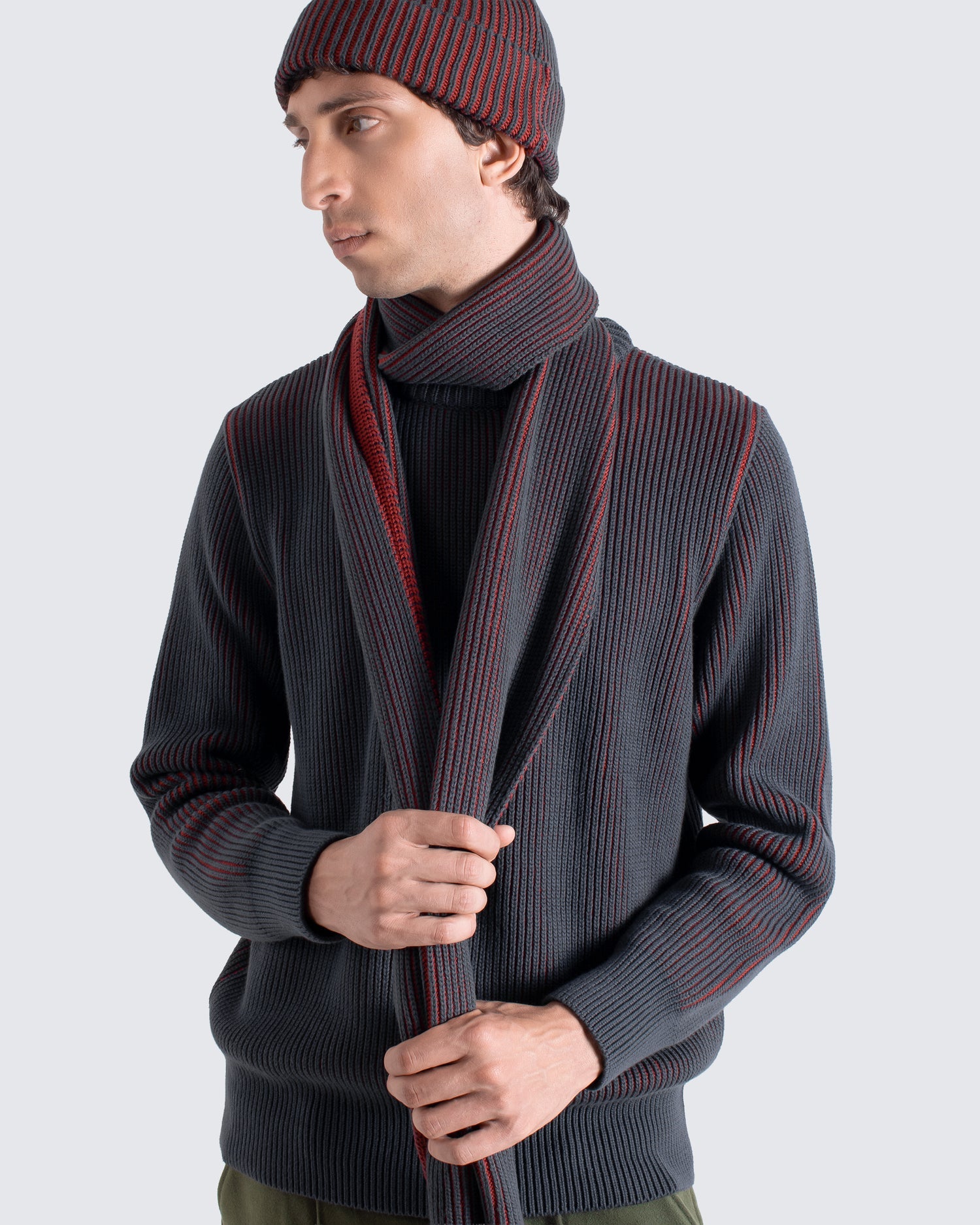 Far Afield Ribbed Grey Red Knit Beanie Hat