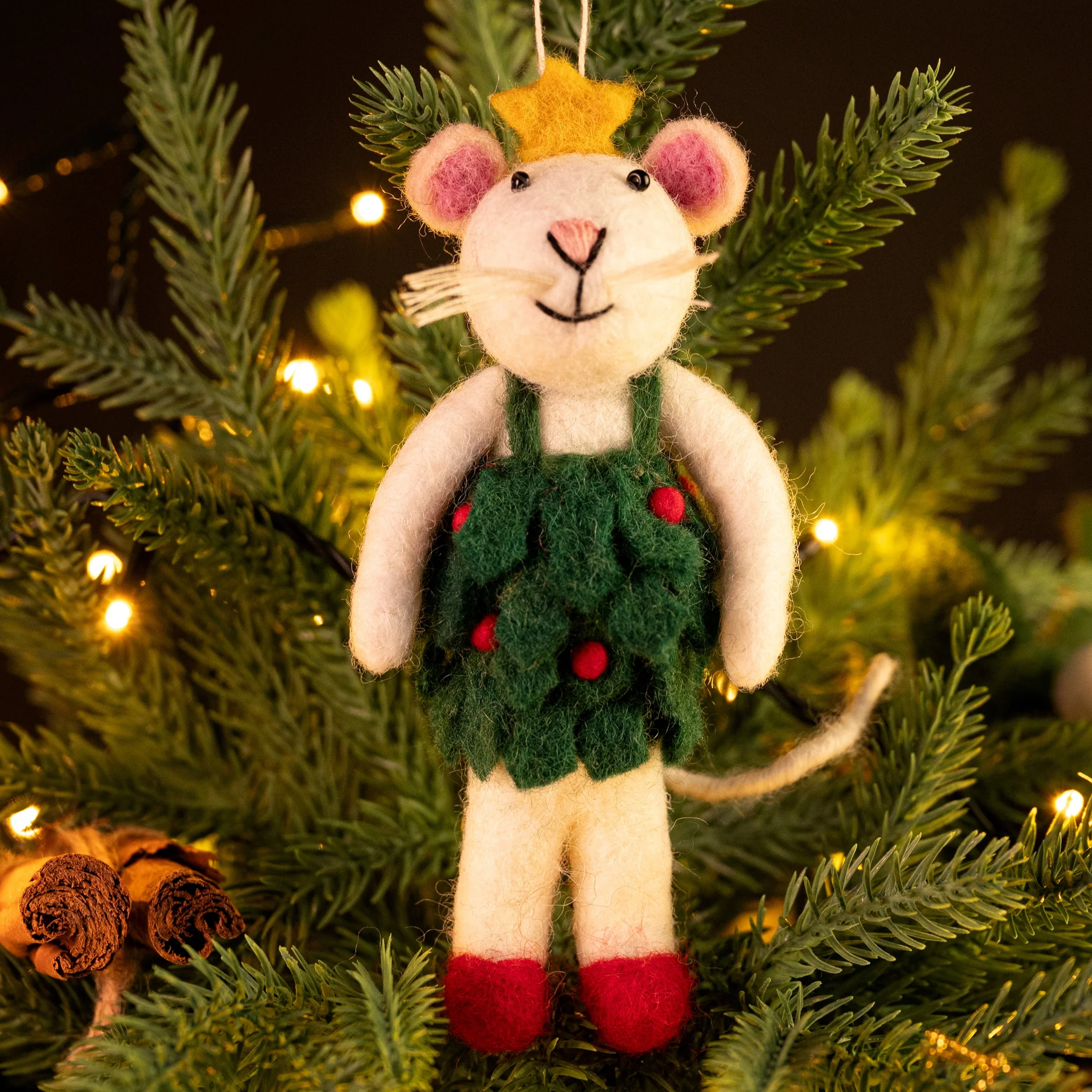 Amica Felt Mouse In Holly Dress Christmas Decoration