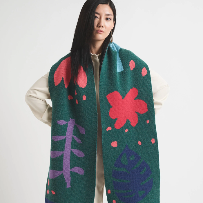 Miss Pompom Botanical Green Wool Scarf