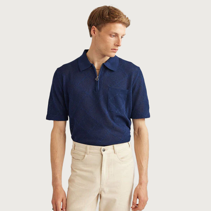 Percival Nawa Diamond Zip Navy Polo Shirt