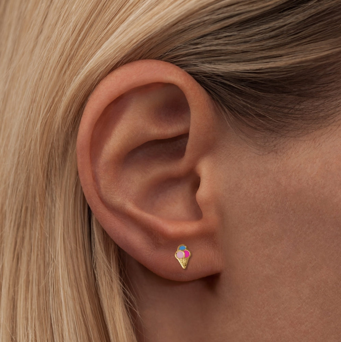 Lulu Copenhagen Ice Cream Cone Gold Plated Enamel Stud